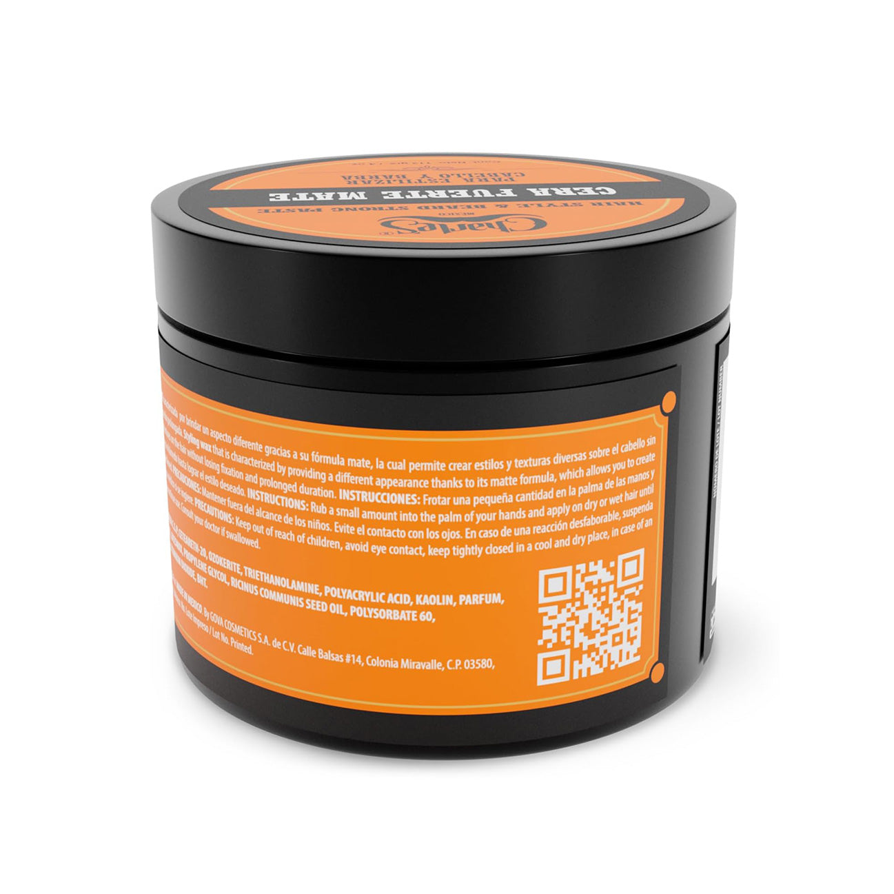 Jar of hair product with orange label and black lid on a white background