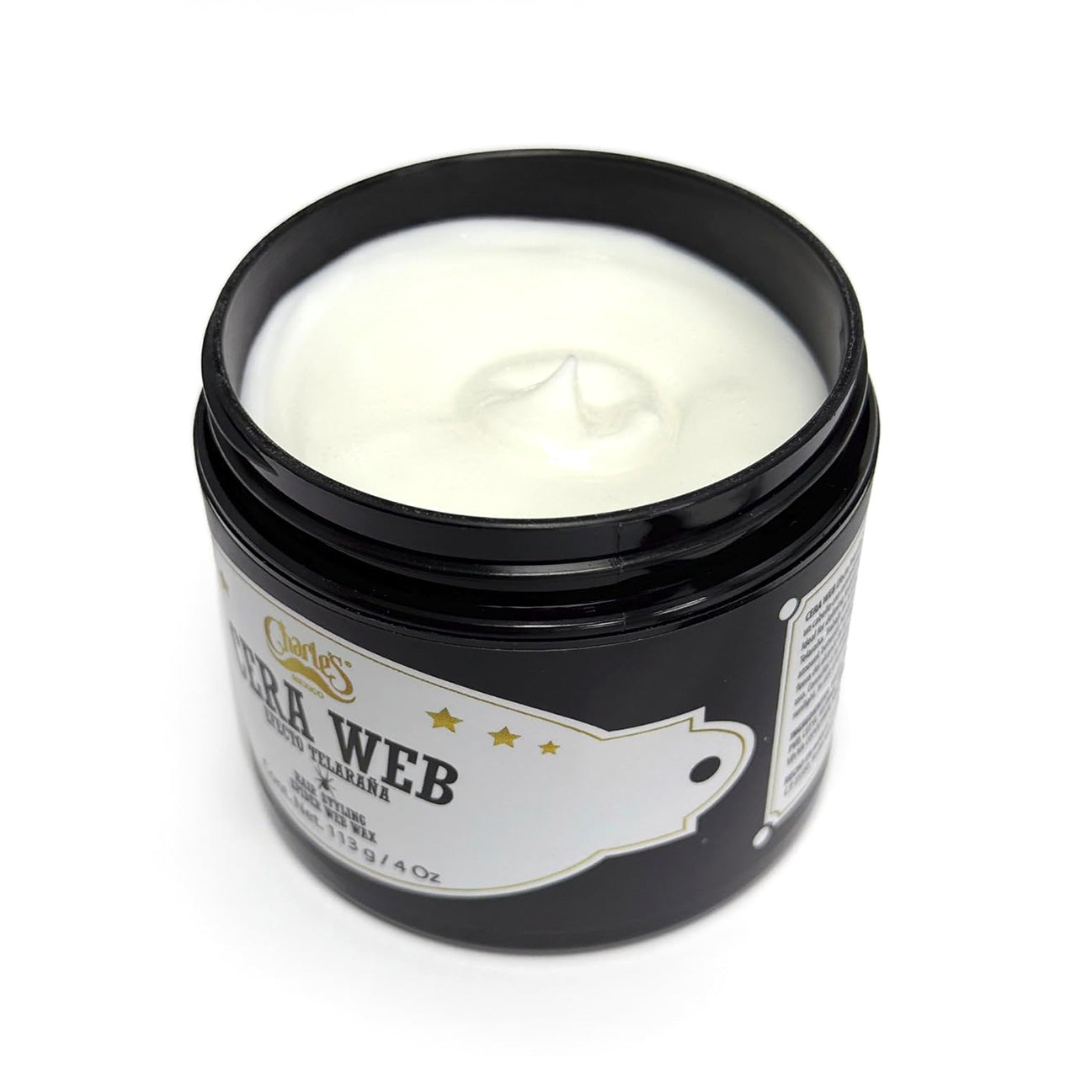 Black jar of cream with a white lid on a white background. Holding Hair Pomades & Styling Spider Wax For Men