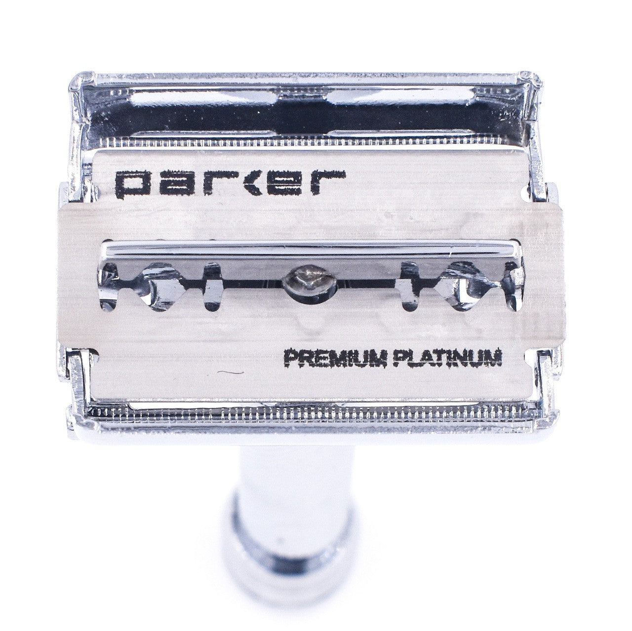 Parker premium platinum razor blade on a white background. Parker 99R butterfly open razor – twist-to-open knob and chrome door mechanism detail