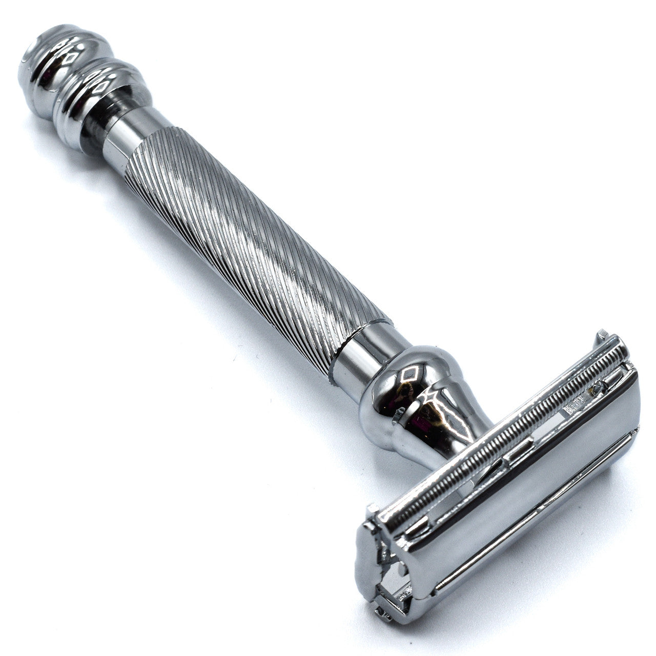 Silver safety razor on a white background. Parker 99R butterfly safety razor – chrome heavyweight brass razorr.