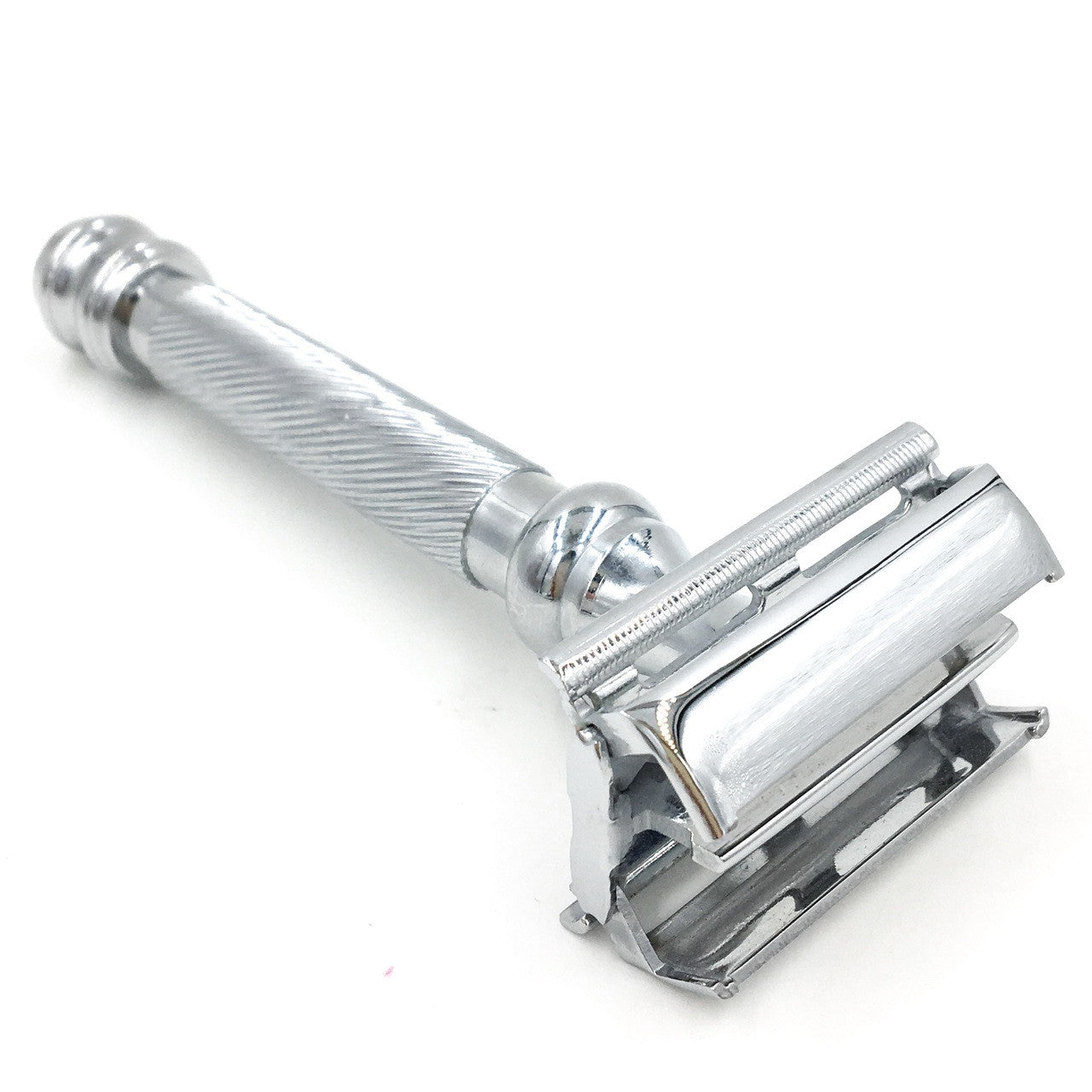 Chrome safety razor on a white background. Parker 99R open butterfly door safety razor – chrome finish with twist-to-open knob