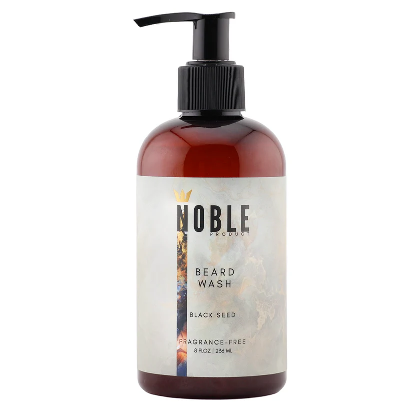 Bottle of Noble Products beard wash on a white background. Noble Product Fragrance-Free Beard Wash 8oz – Honey & Black Seed Oil Cleanser for Men