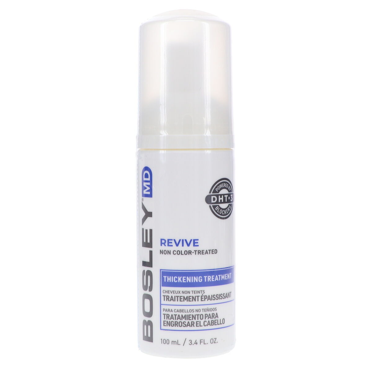 A bottle of  foam for scalp application. Bosley MD BosRevive Revive Thickening Treatment for men – volumizing hair care from Urban City Barbershop, San Antonio TX