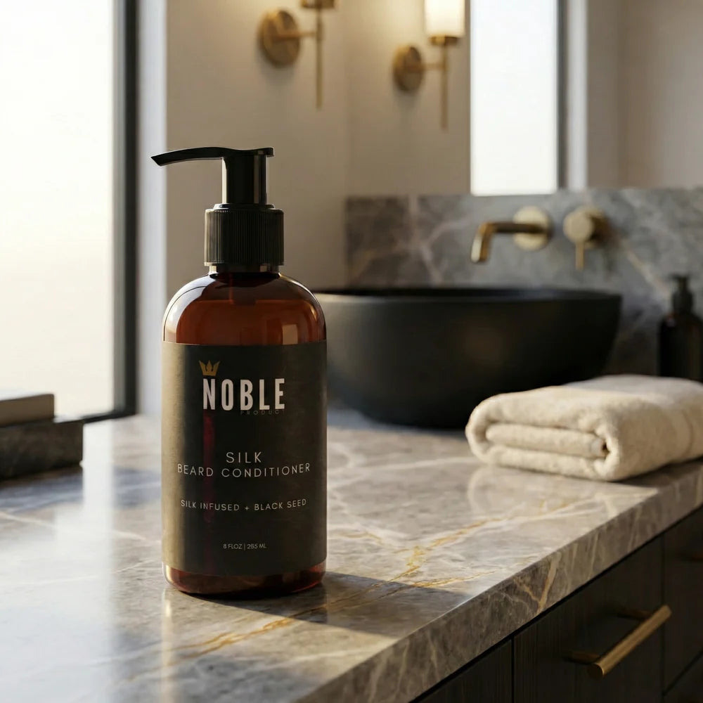 Bottle of Noble Silk Beard Conditioner on a bathroom counter. Noble Product Silk Beard Conditioner back label – full ingredients list, 8oz beard conditioner