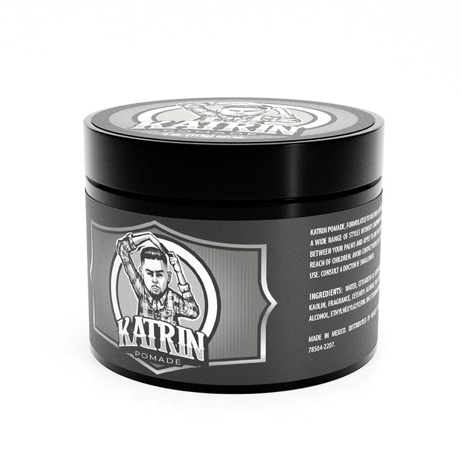 Black jar of Katrin pomade with branding and label on a white background
