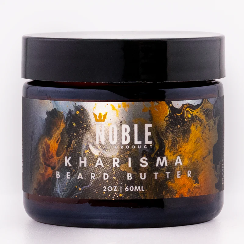 Jar of Noble Product Kharisma Beard Butter on a white background. Noble Product Kharisma Beard Butter 2 oz jar – light hold non-greasy beard styling butter