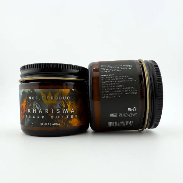 Two jars of Kharisma beard butter on a white background. Kharisma Beard Butter by Noble Product – front and back label showing ingredients and scent profile
