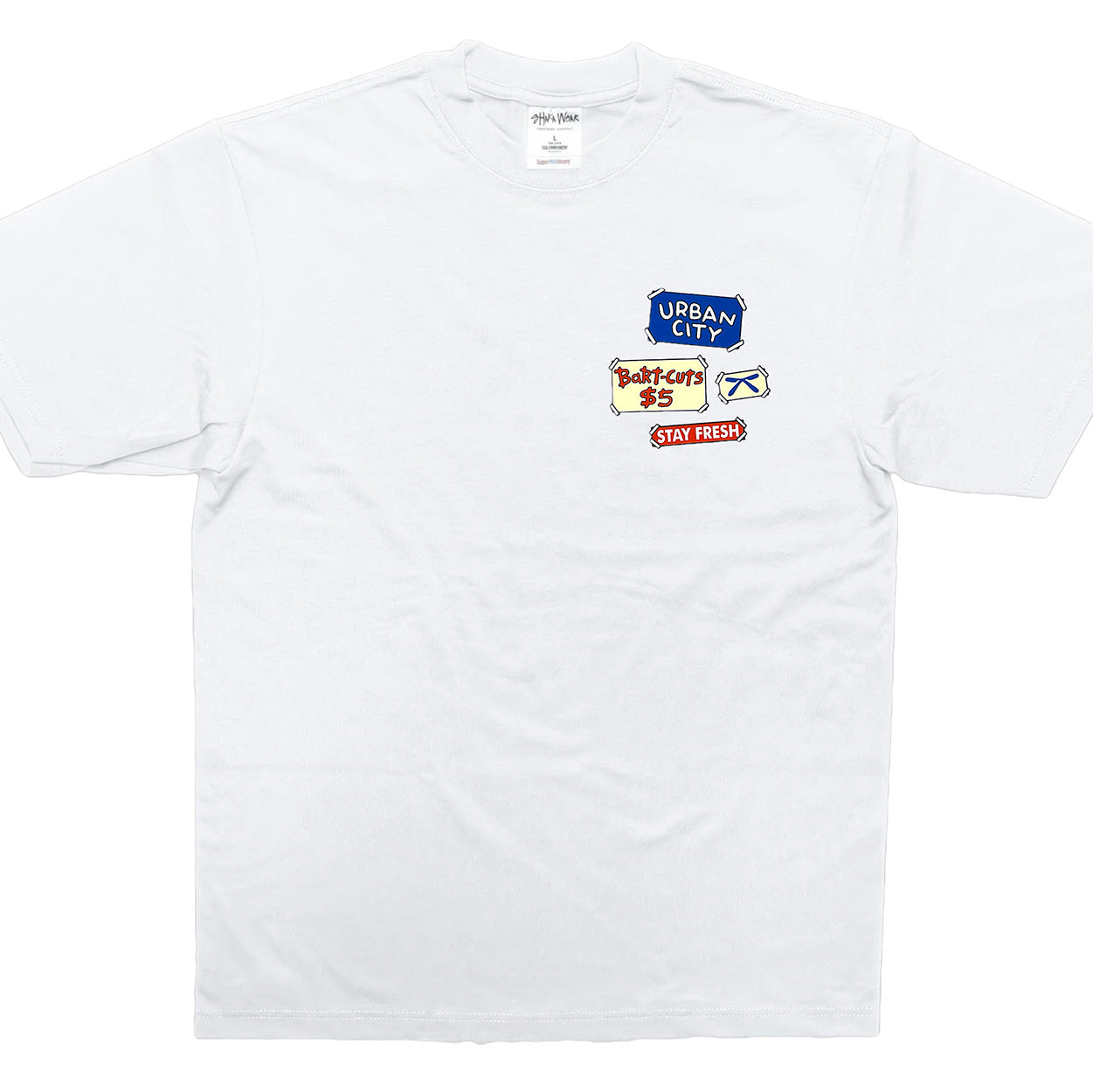 White t-shirt with graphic designs on a white background