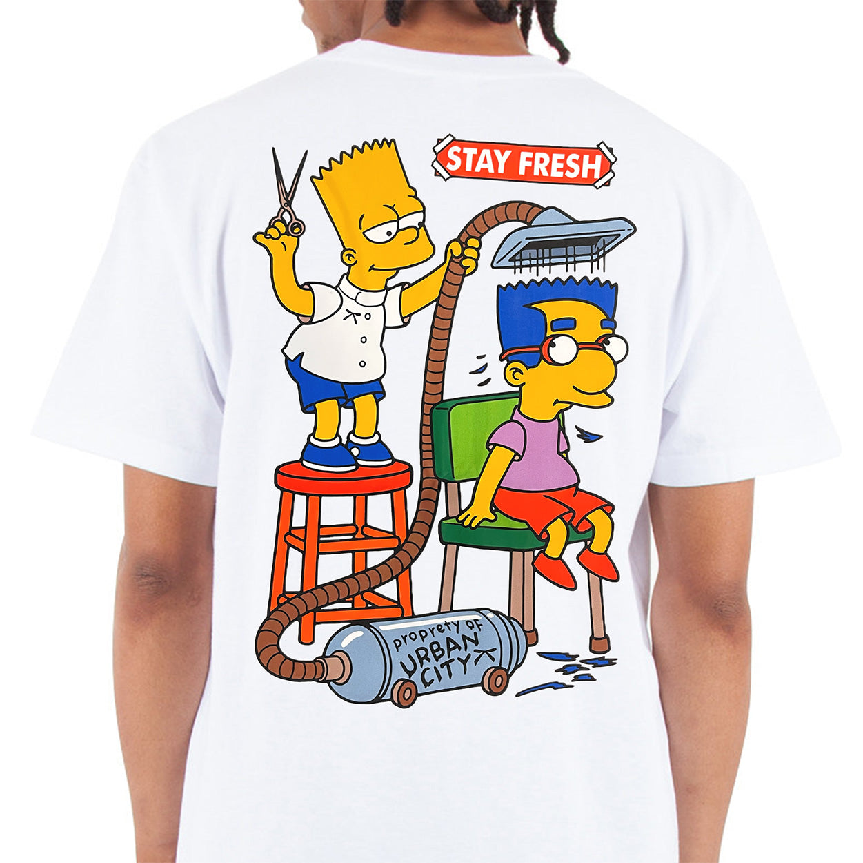 White t-shirt with cartoon characters and 'Stay Fresh' text on a white background