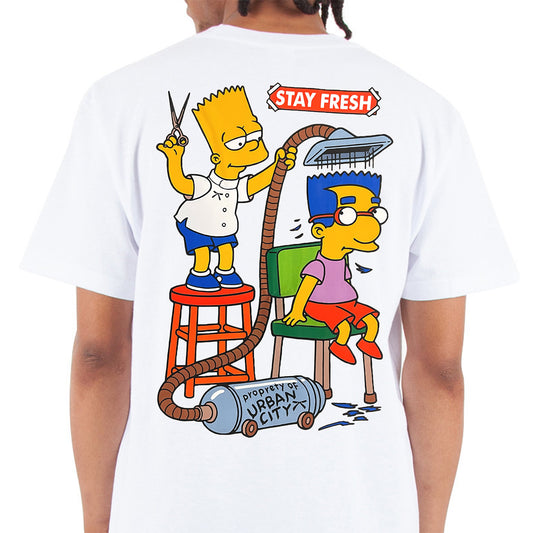 White t-shirt with cartoon characters and 'Stay Fresh' text on a white background