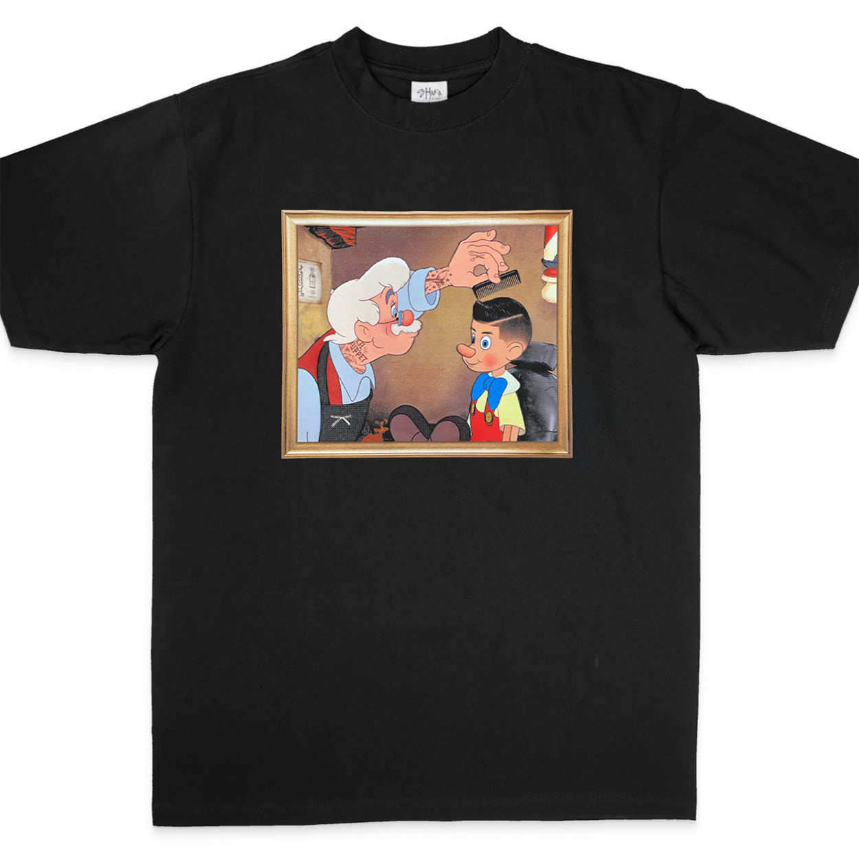 Black t-shirt with a cartoon graphic of an elderly couple and a young boy on a white background