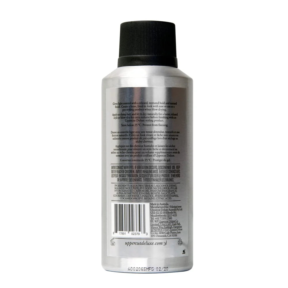 Uppercut Salt Spray 150ml – back label showing ingredients and directions for light hold hair texturizer. Back view of a silver bottle with black cap on a white background. 