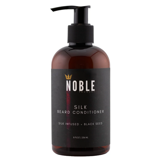 Bottle of Noble Silk Beard Conditioner on a white background. Noble Product Silk Beard Conditioner – hydrolyzed silk protein & Black Seed Oil formula, 8oz | Urban City Barbershop