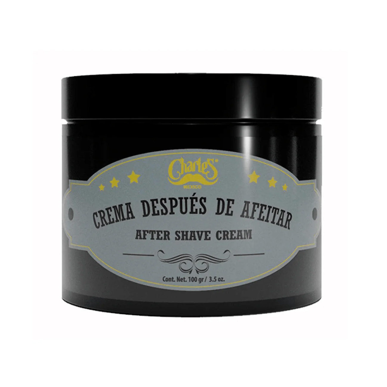 Black jar of Charles after shave cream on a white background